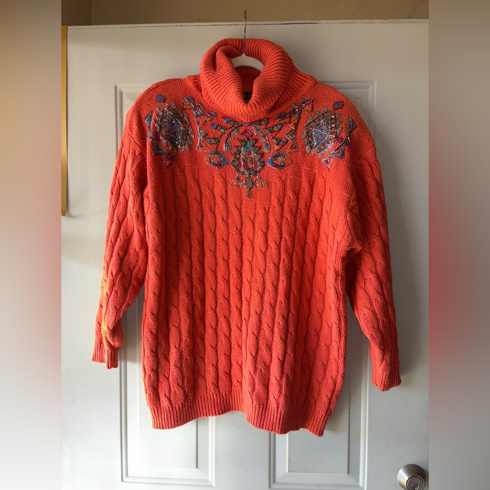 Vintage 80s 90s IB Diffusion orange silk beaded turtleneck sweater size 2X